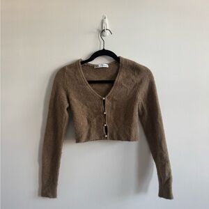 Zara Brown Cropped Button-Front Fuzzy Cardigan